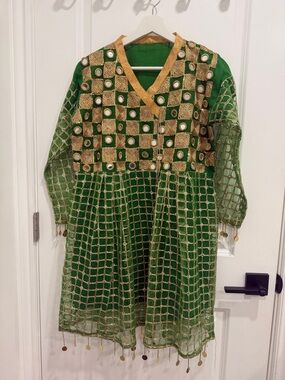 Afghan Embellished Green & Gold Girls' Party Dress